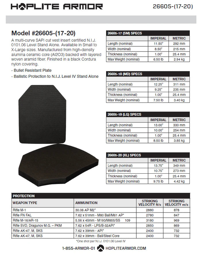 Body Armor SAPI Plates- Level IV (26605)